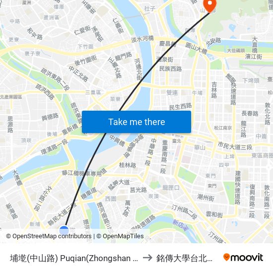 埔墘(中山路) Puqian(Zhongshan Rd.) to 銘傳大學台北校區 map