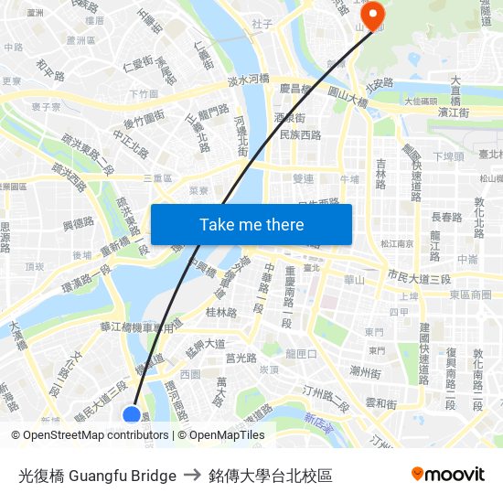 光復橋 Guangfu Bridge to 銘傳大學台北校區 map