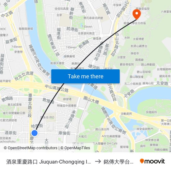 酒泉重慶路口 Jiuquan-Chongqing Intersection to 銘傳大學台北校區 map