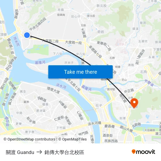 關渡 Guandu to 銘傳大學台北校區 map