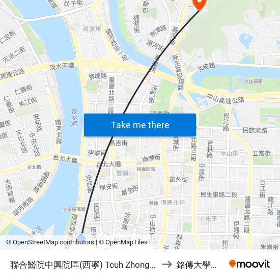 聯合醫院中興院區(西寧) Tcuh Zhongxin Branch (Xining) to 銘傳大學台北校區 map