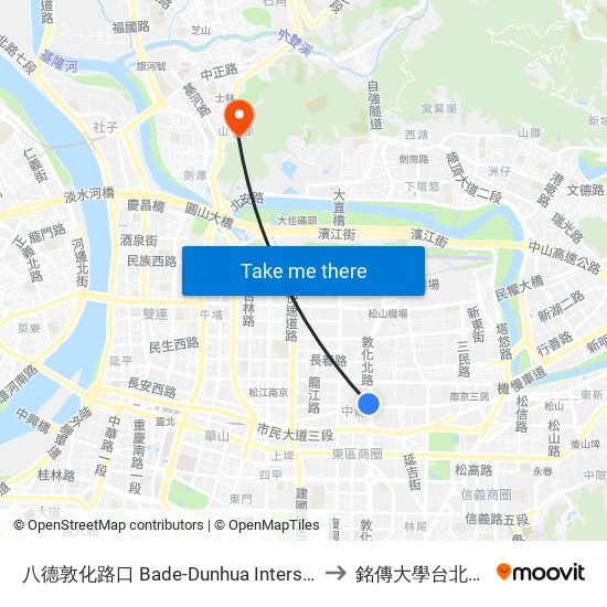 八德敦化路口 Bade-Dunhua Intersection to 銘傳大學台北校區 map