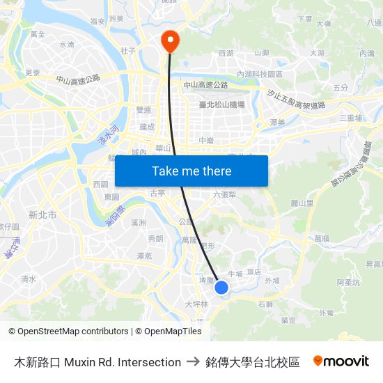 木新路口 Muxin Rd. Intersection to 銘傳大學台北校區 map