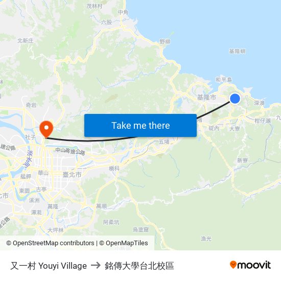 又一村 Youyi Village to 銘傳大學台北校區 map