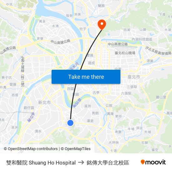 雙和醫院 Shuang Ho Hospital to 銘傳大學台北校區 map