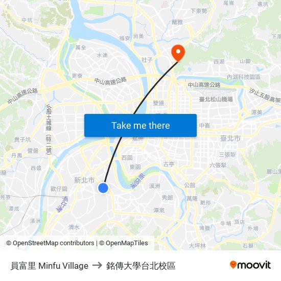 員富里 Minfu Village to 銘傳大學台北校區 map