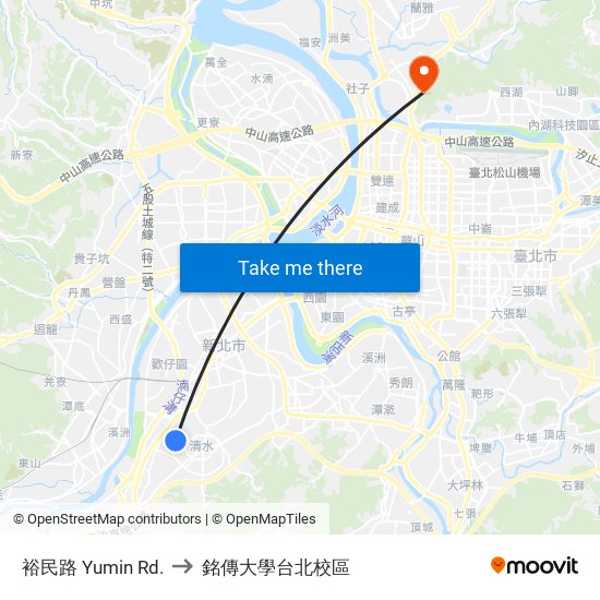 裕民路 Yumin Rd. to 銘傳大學台北校區 map