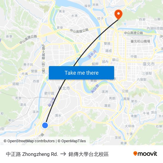 中正路 Zhongzheng Rd. to 銘傳大學台北校區 map