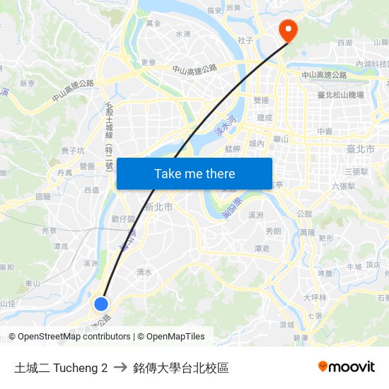 土城二 Tucheng 2 to 銘傳大學台北校區 map