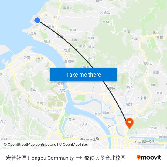宏普社區 Hongpu Community to 銘傳大學台北校區 map