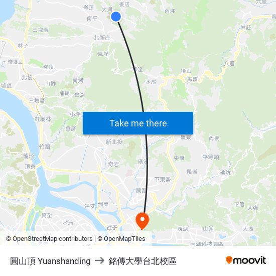 圓山頂 Yuanshanding to 銘傳大學台北校區 map