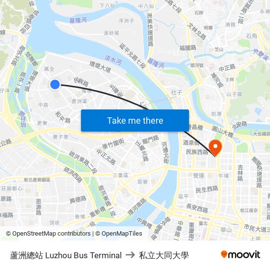 蘆洲總站 Luzhou Bus Terminal to 私立大同大學 map