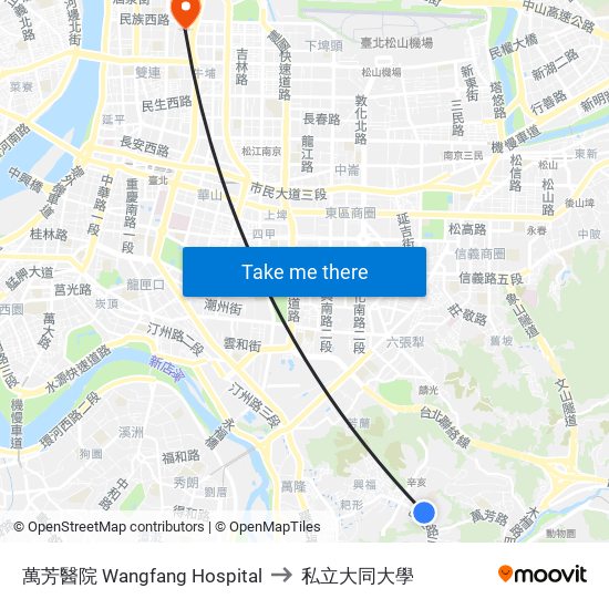 萬芳醫院 Wangfang Hospital to 私立大同大學 map
