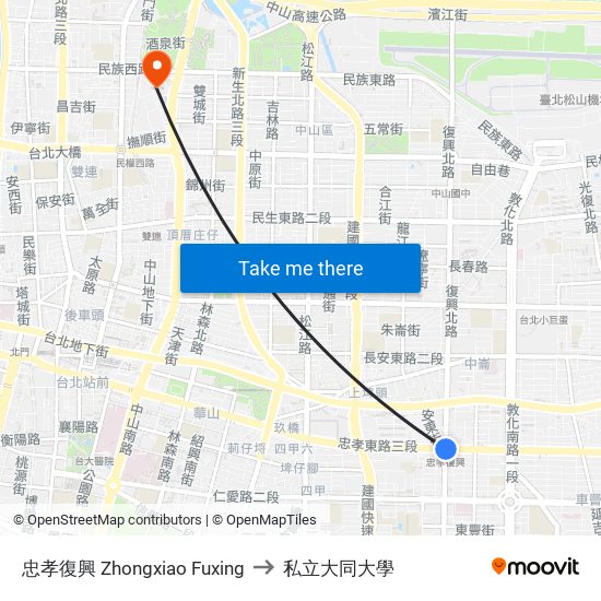 忠孝復興 Zhongxiao Fuxing to 私立大同大學 map
