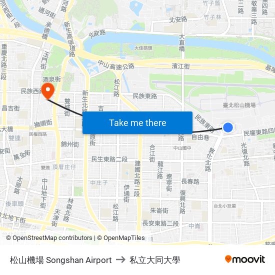 松山機場 Songshan Airport to 私立大同大學 map