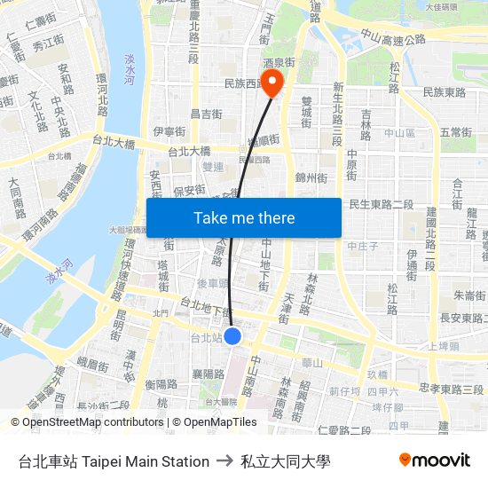 台北車站 Taipei Main Station to 私立大同大學 map