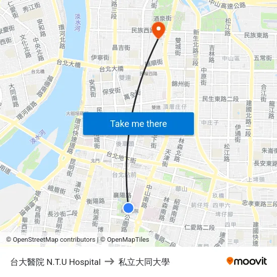 台大醫院 N.T.U Hospital to 私立大同大學 map