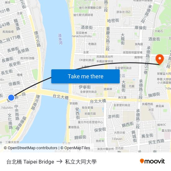 台北橋 Taipei Bridge to 私立大同大學 map