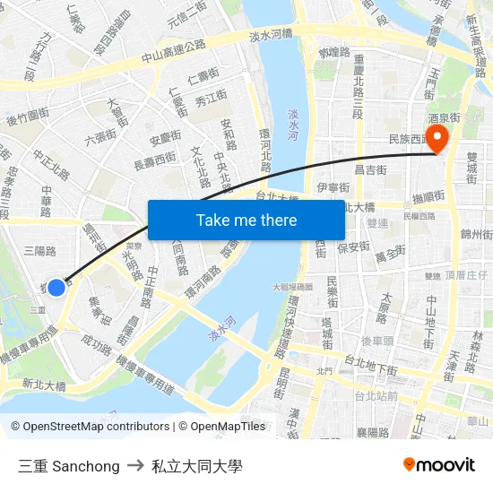 三重 Sanchong to 私立大同大學 map