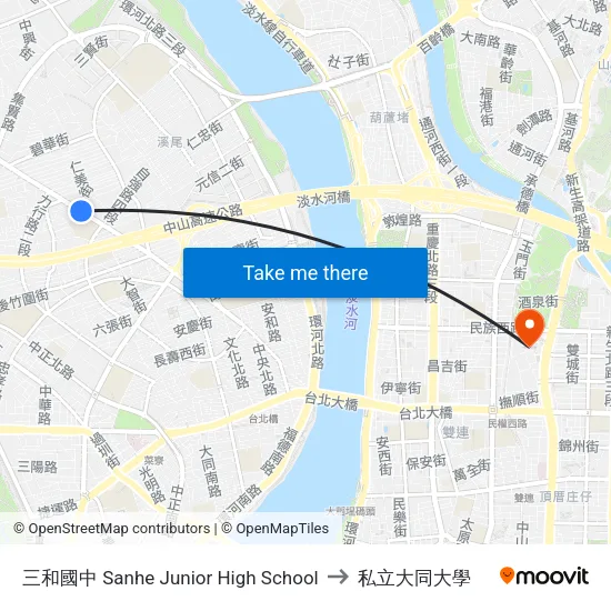 三和國中 Sanhe Junior High School to 私立大同大學 map