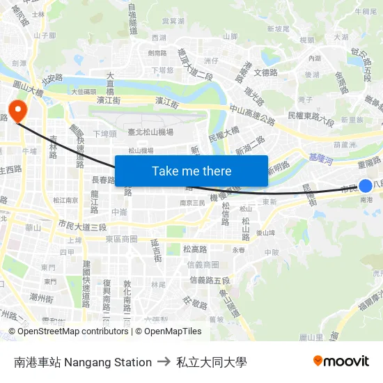 南港車站 Nangang Station to 私立大同大學 map