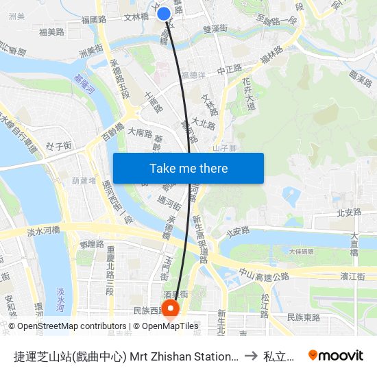 捷運芝山站(戲曲中心) Mrt Zhishan Station(Taiwan Traditional Theatre Center) to 私立大同大學 map
