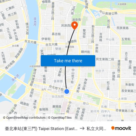臺北車站(東三門) Taipei Station (East Gate) to 私立大同大學 map