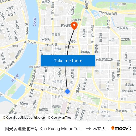 國光客運臺北車站 Kuo-Kuang Motor Transportation Taipei Station to 私立大同大學 map