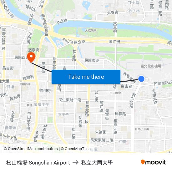 松山機場 Songshan Airport to 私立大同大學 map