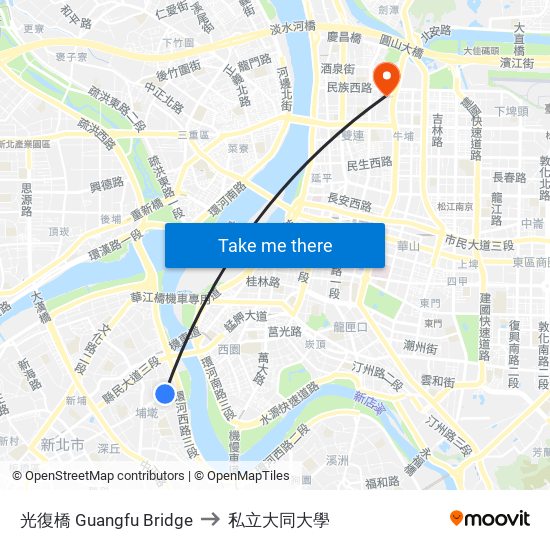 光復橋 Guangfu Bridge to 私立大同大學 map