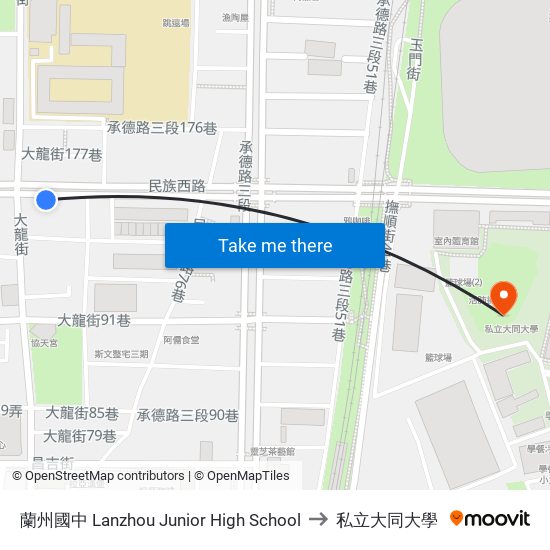 蘭州國中 Lanzhou Junior High School to 私立大同大學 map