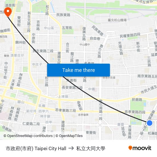 市政府(市府) Taipei City Hall to 私立大同大學 map