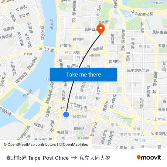 臺北郵局 Taipei Post Office to 私立大同大學 map