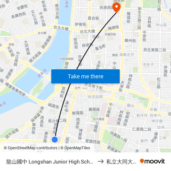 龍山國中 Longshan Junior High School to 私立大同大學 map