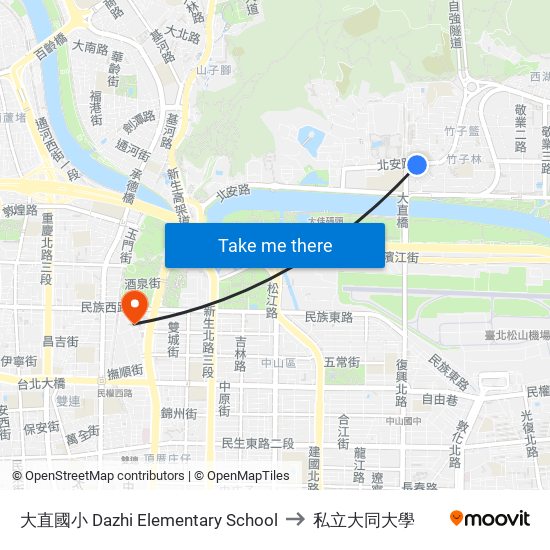 大直國小 Dazhi Elementary School to 私立大同大學 map