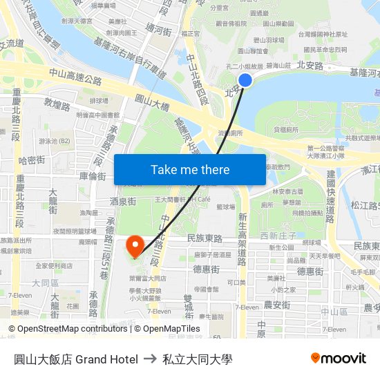 圓山大飯店 Grand Hotel to 私立大同大學 map