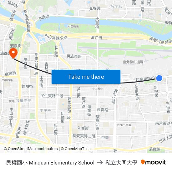 民權國小 Minquan Elementary School to 私立大同大學 map