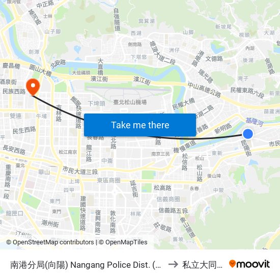 南港分局(向陽) Nangang Police Dist. (Xiangyang) to 私立大同大學 map