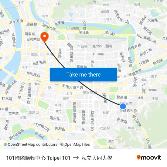 101國際購物中心 Taipei 101 to 私立大同大學 map