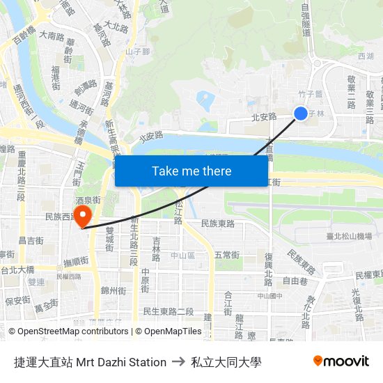 捷運大直站 Mrt Dazhi Station to 私立大同大學 map