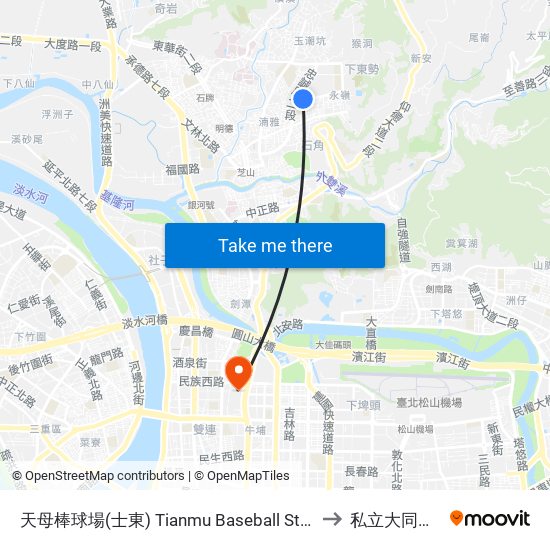 天母棒球場(士東) Tianmu Baseball Stadium to 私立大同大學 map