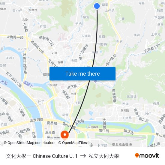 文化大學一 Chinese Culture U. 1 to 私立大同大學 map