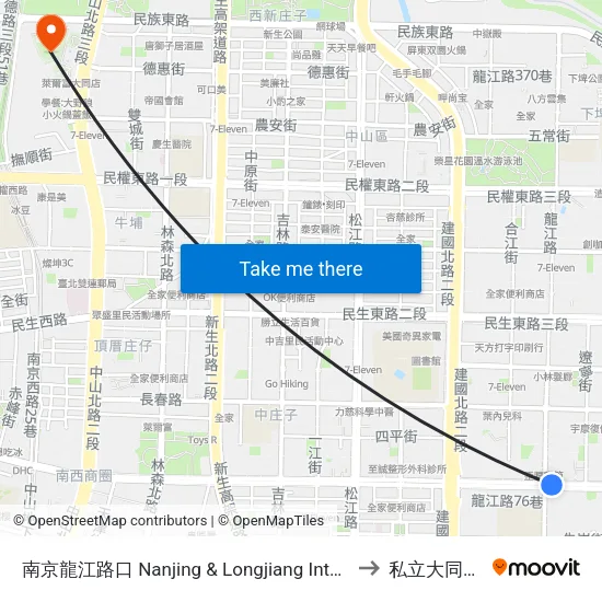 南京龍江路口 Nanjing & Longjiang Intersection to 私立大同大學 map