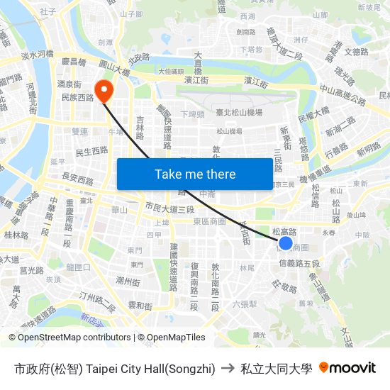 市政府(松智) Taipei City Hall(Songzhi) to 私立大同大學 map