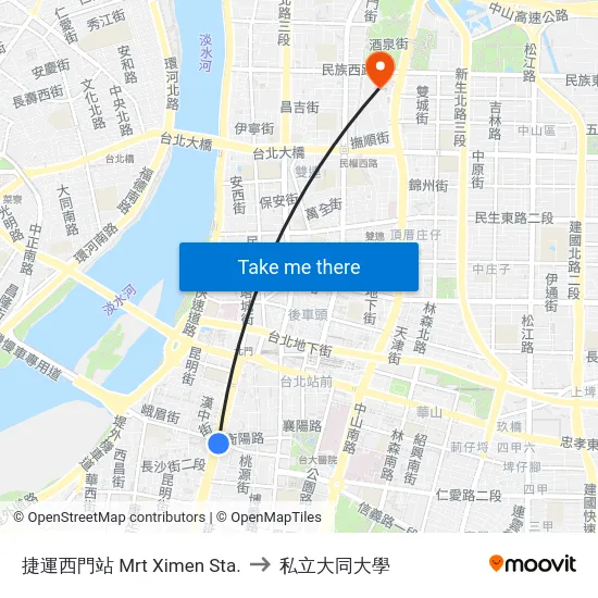 捷運西門站 Mrt Ximen Sta. to 私立大同大學 map