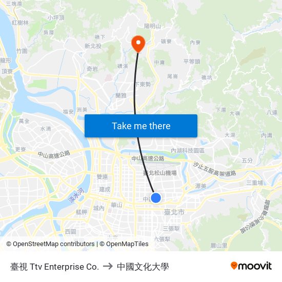 臺視 Ttv Enterprise Co. to 中國文化大學 map