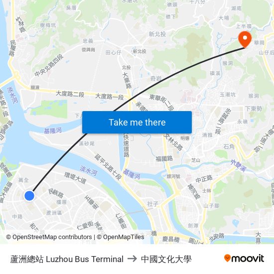 蘆洲總站 Luzhou Bus Terminal to 中國文化大學 map