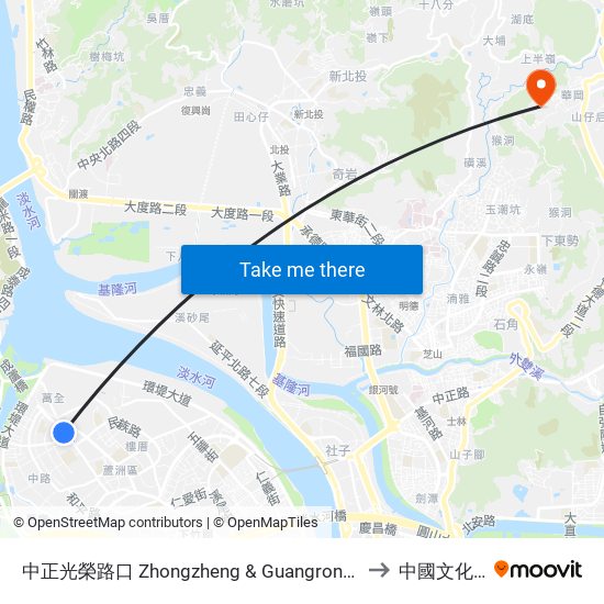 中正光榮路口 Zhongzheng & Guangrong Intersection to 中國文化大學 map