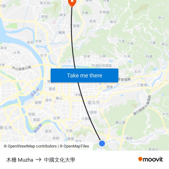 木柵 Muzha to 中國文化大學 map