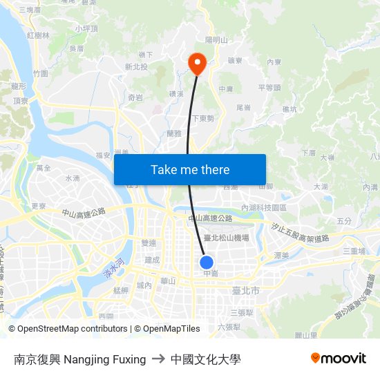 南京復興 Nangjing Fuxing to 中國文化大學 map